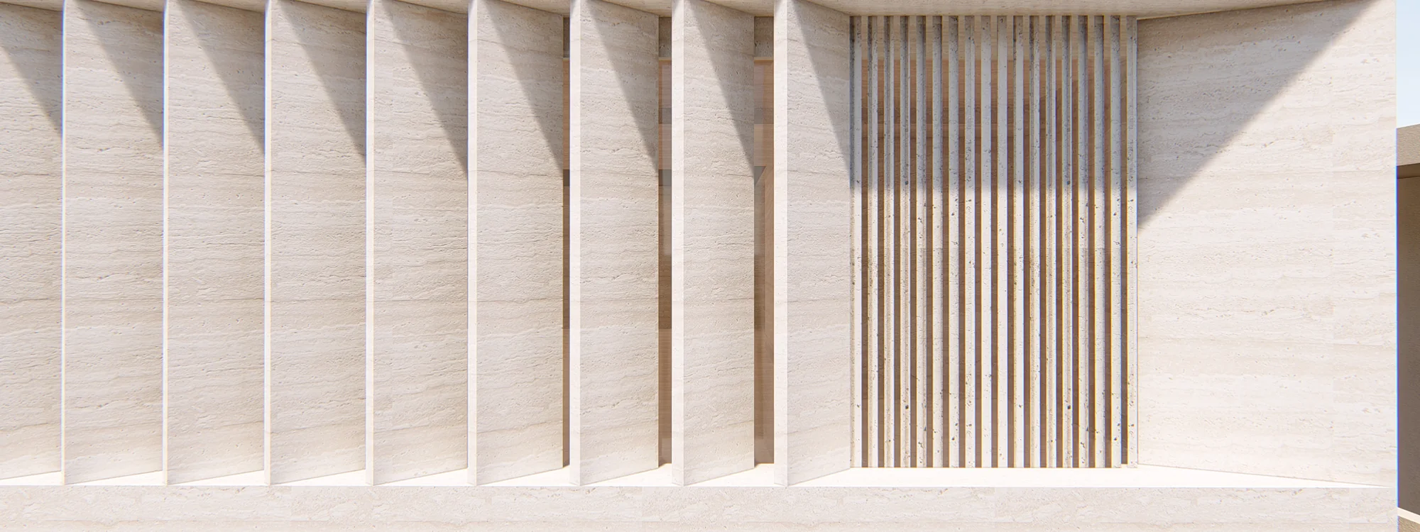 Travertine colonnade with planted roof terrace, design view